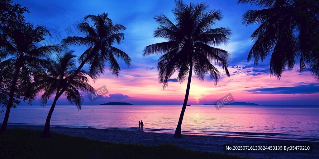 夕陽(yáng)下的椰林海濱美景