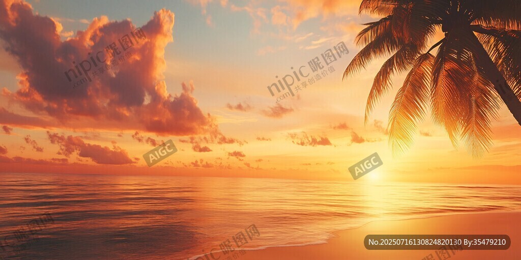 夕陽下的海邊椰樹美景