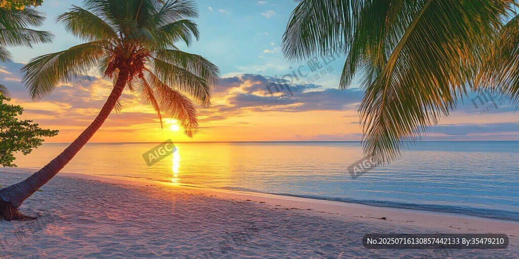夕陽(yáng)下的椰林海灘美景