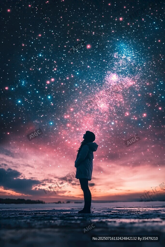 女孩凝望璀璨星空