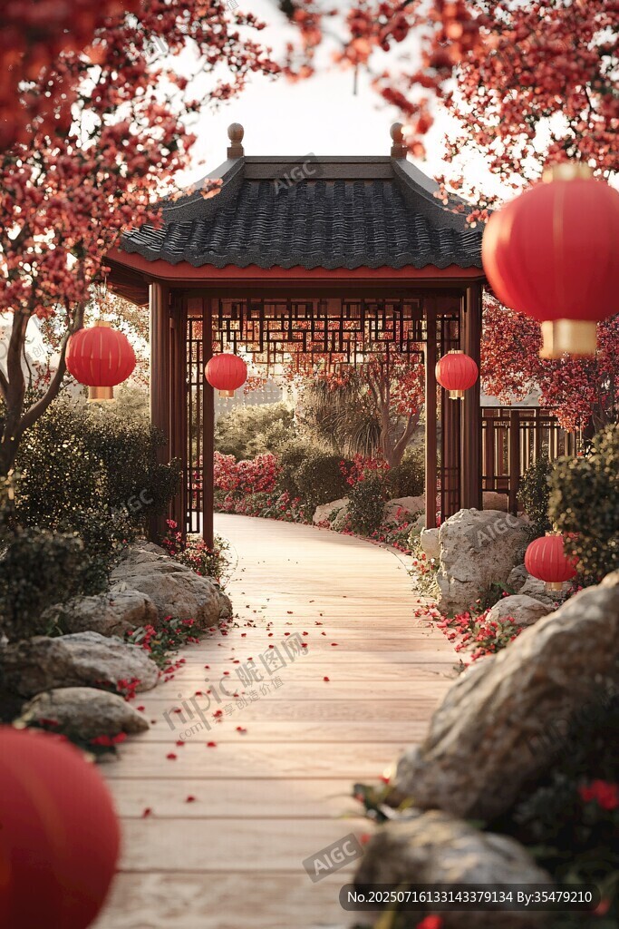 中式庭院紅燈籠浪漫景致