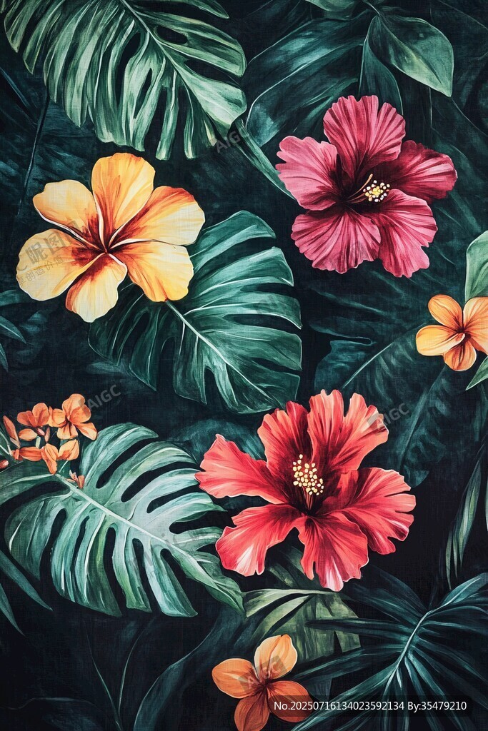 熱帶花卉與綠葉裝飾圖案