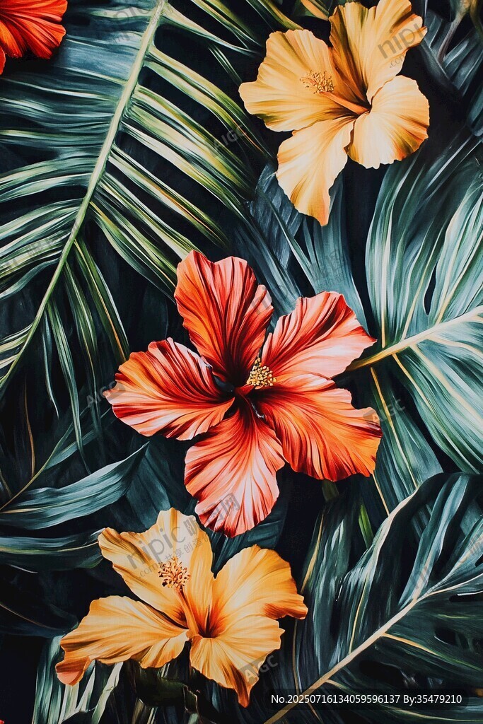 熱帶花卉與綠葉的絢麗組合