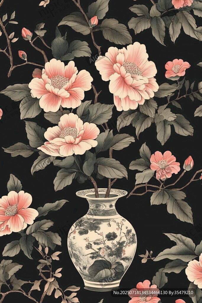 中式花瓶花卉圖案壁紙