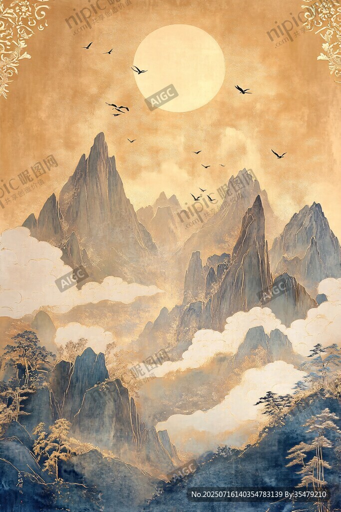 月夜群山飛鳥中式美景