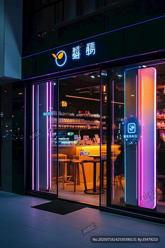 酷炫燈光下的甜品店外觀