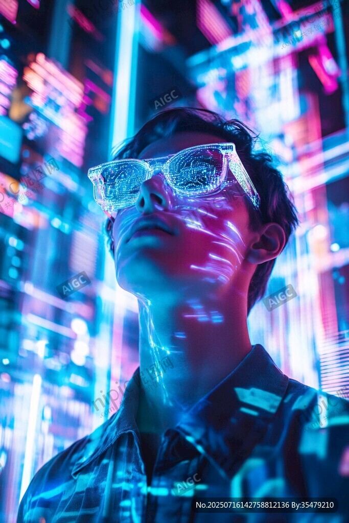 未來(lái)感男子置身霓虹科技空間