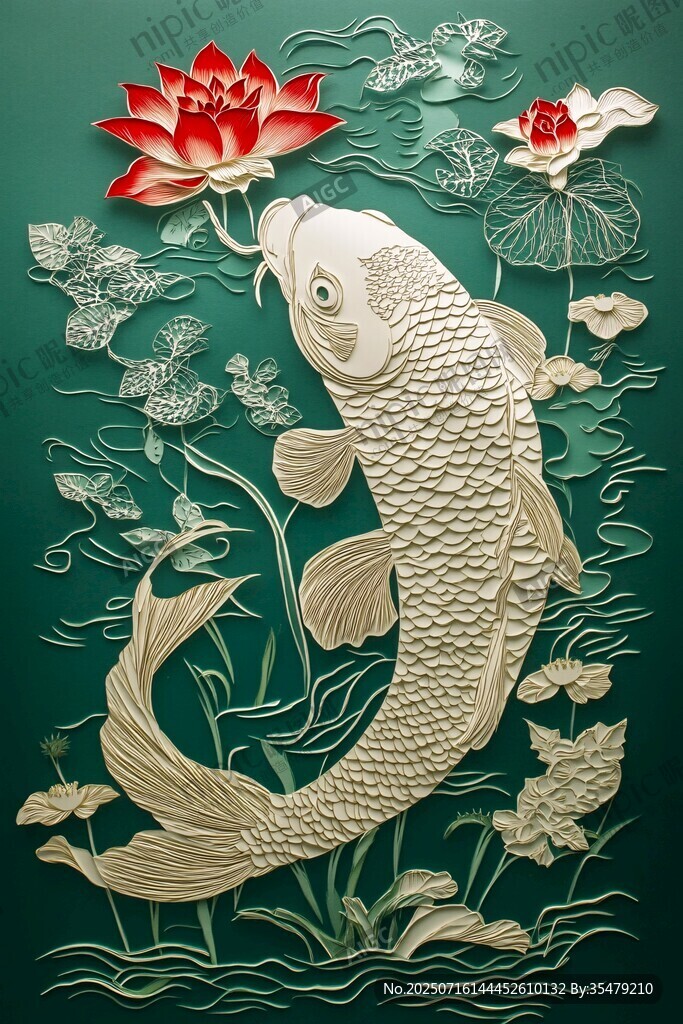 錦鯉戲荷圖