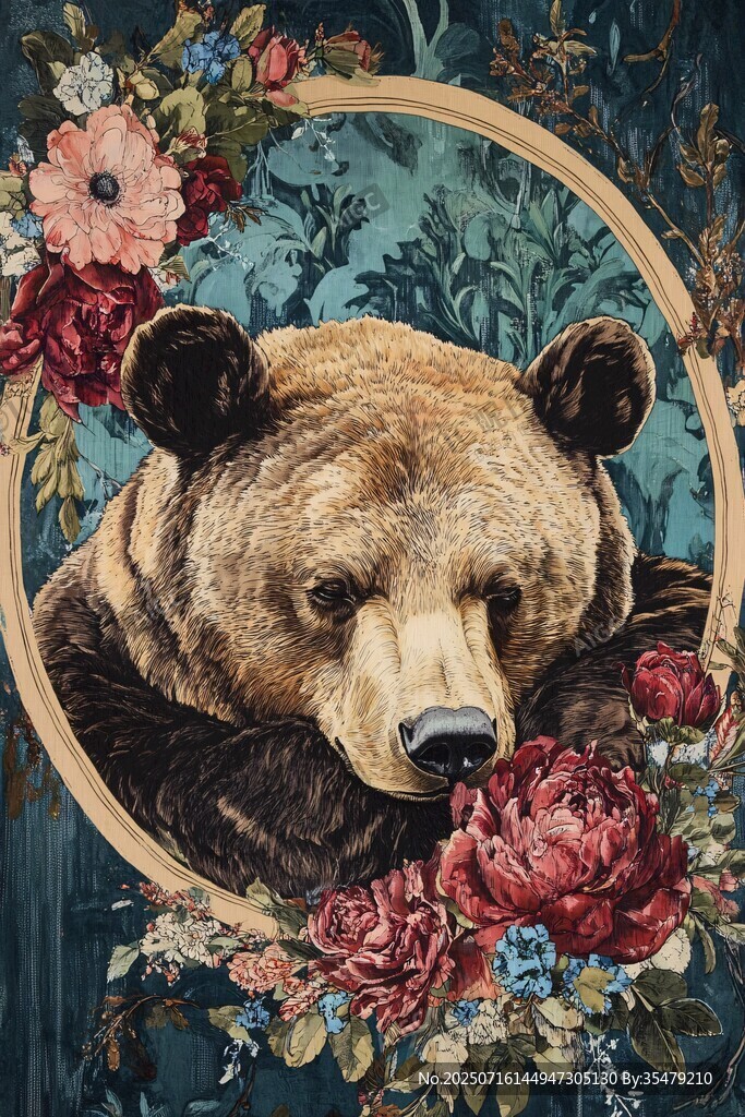熊與花卉的夢幻插畫