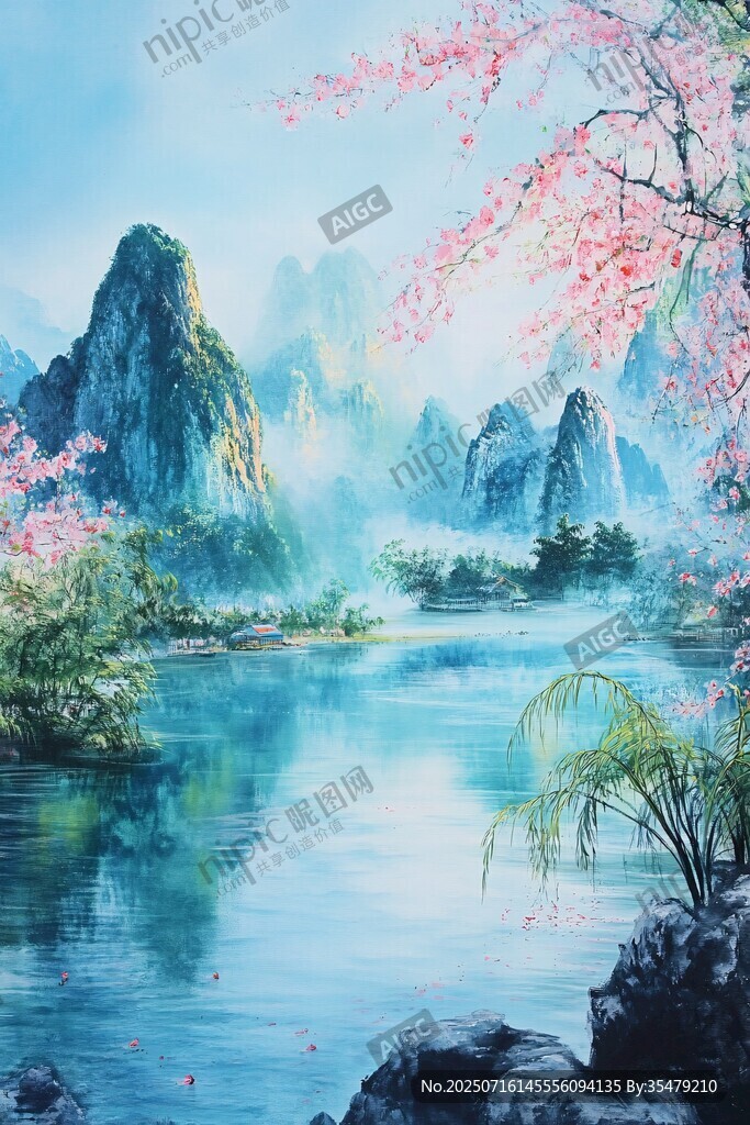 春日山水間 繁花映翠峰