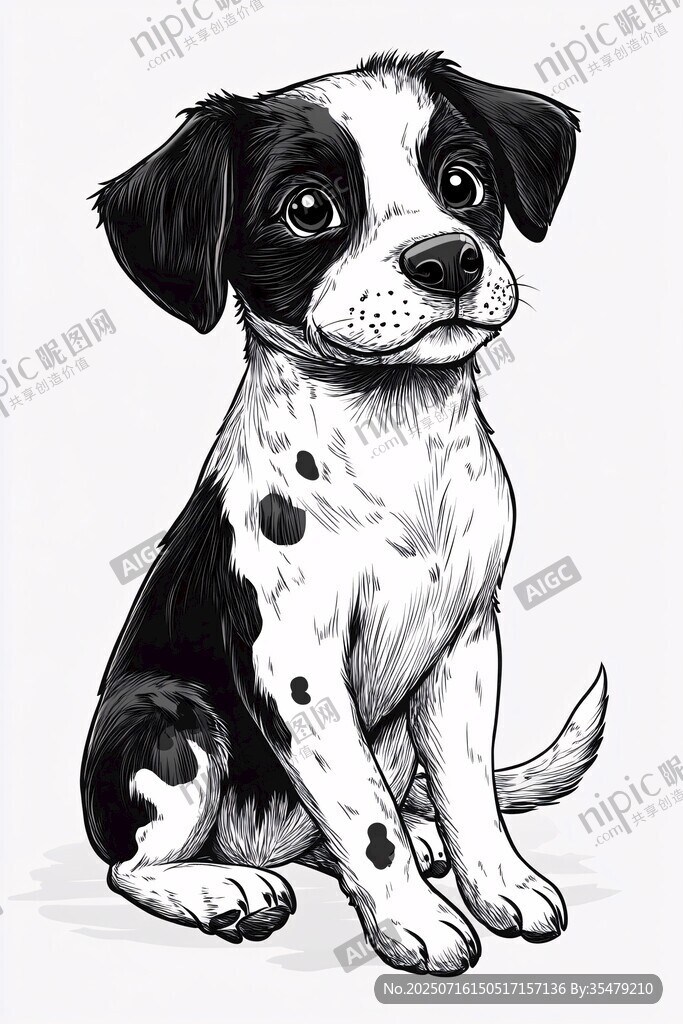 可愛斑點(diǎn)小狗的黑白插畫