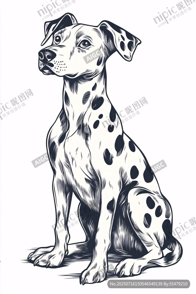 坐姿斑點(diǎn)狗黑白插畫(huà)