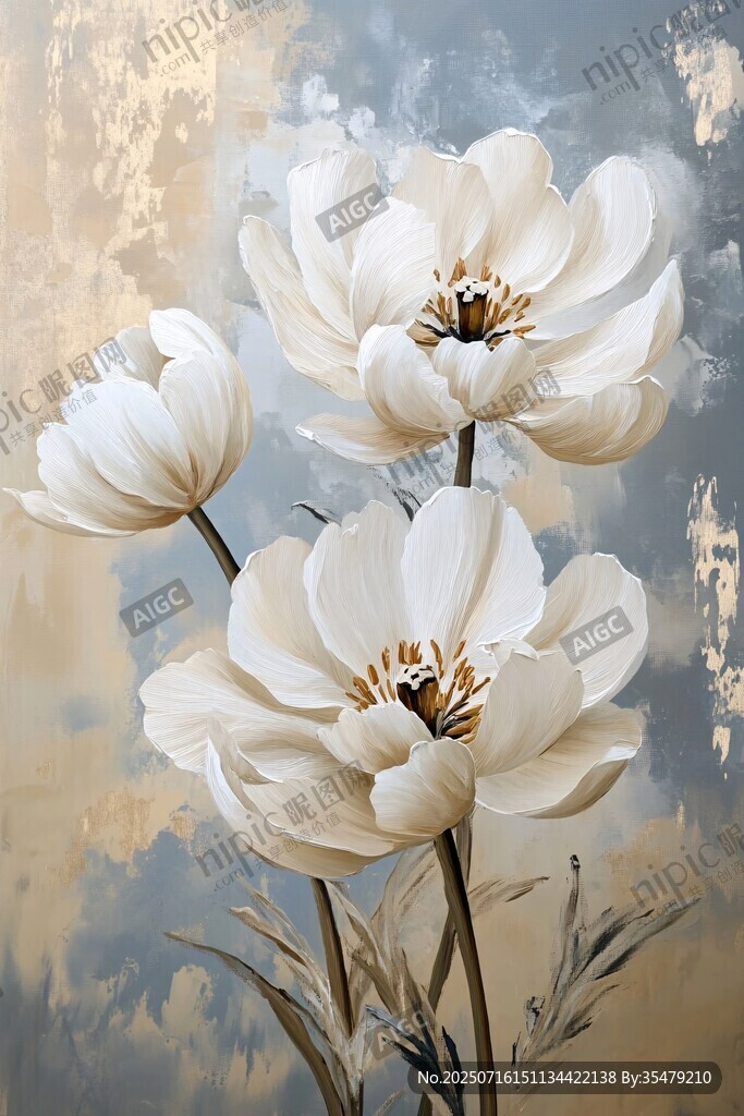 白色花卉油畫藝術(shù)作品