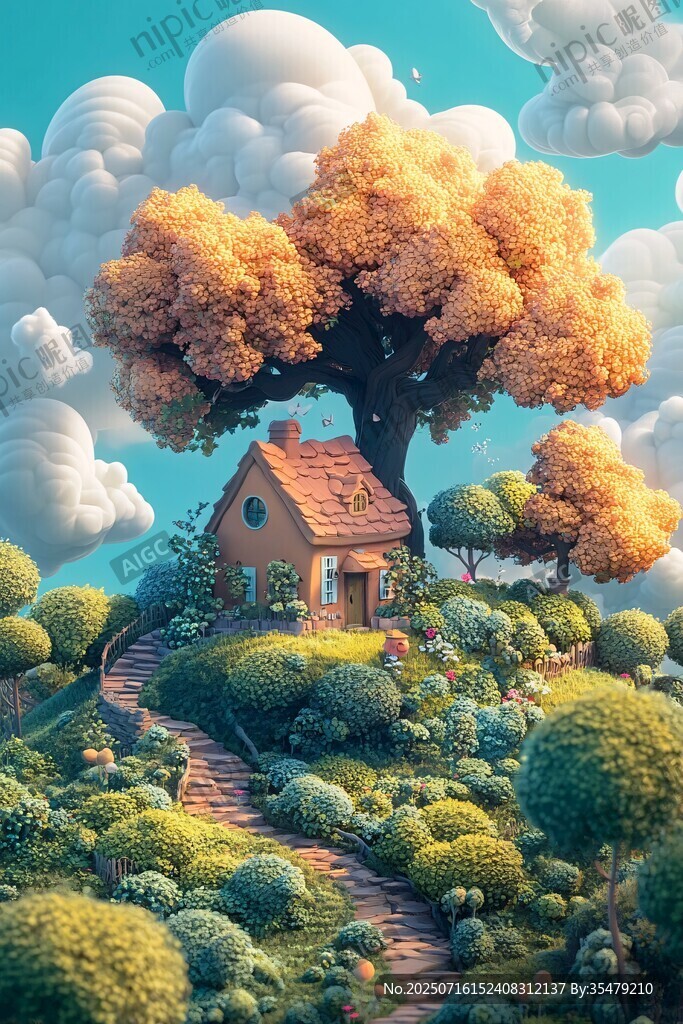 夢幻田園小屋與金秋大樹