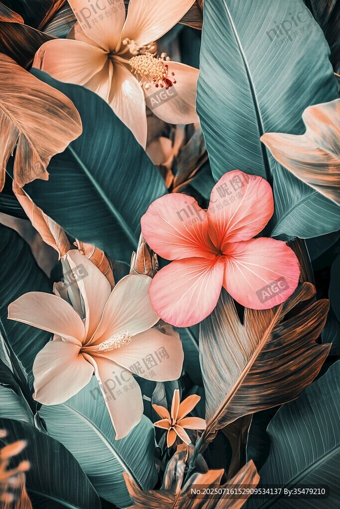 熱帶花卉與綠葉的美妙組合