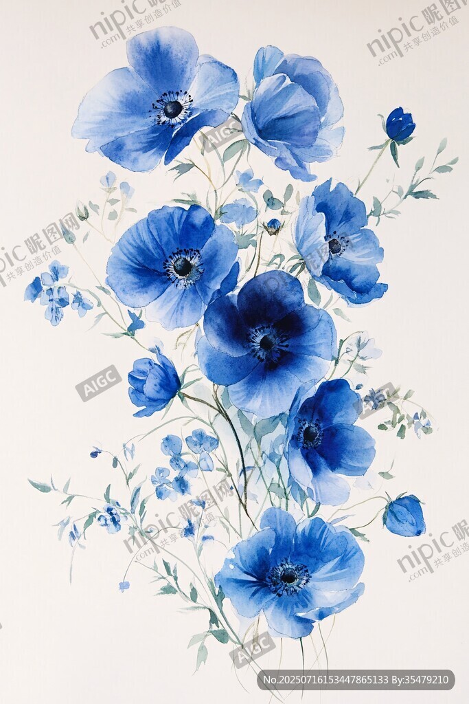 藍(lán)色水彩花卉插畫