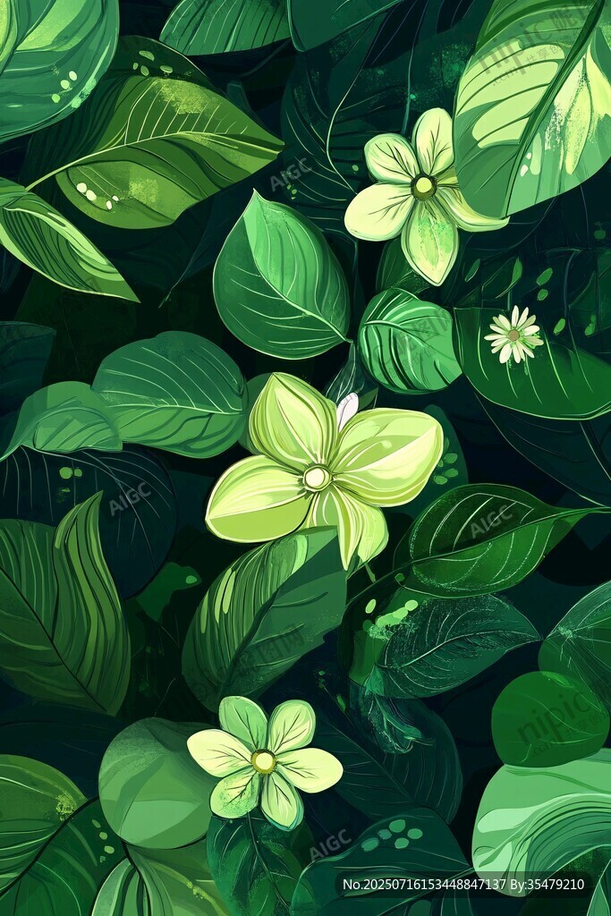 綠葉繁花的清新植物圖景