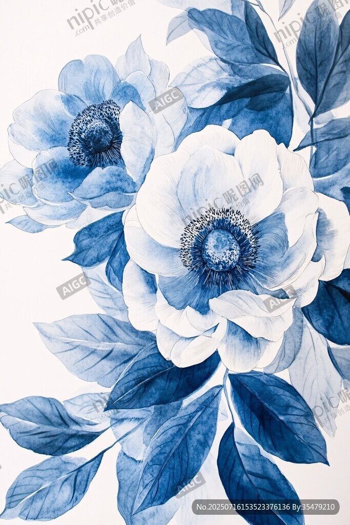 藍(lán)白花卉水彩畫精美圖案