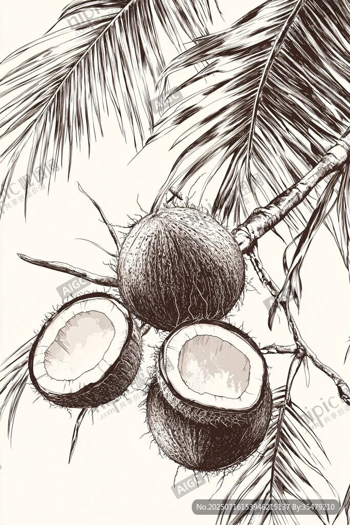 手繪椰子與椰葉插畫