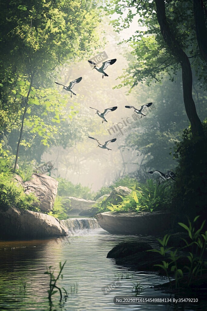 森林溪流間飛鳥穿梭美景