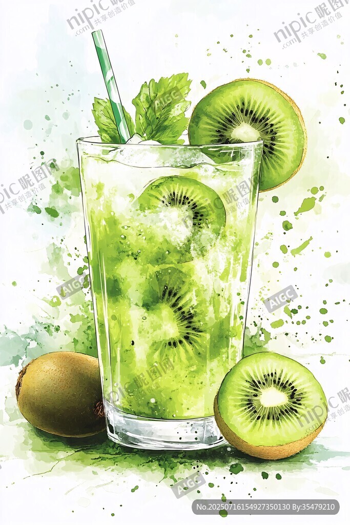 水彩風(fēng)獼猴桃冰飲插畫