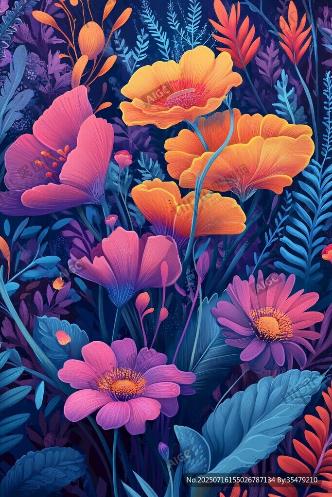 夢幻絢麗花卉插畫