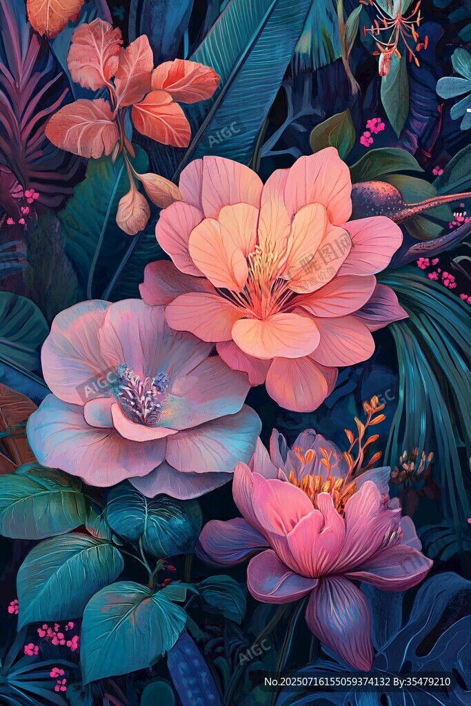 夢幻多彩花卉叢林景象