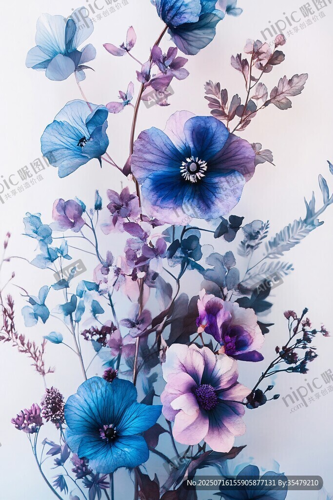 夢幻藍(lán)紫色系花卉插畫