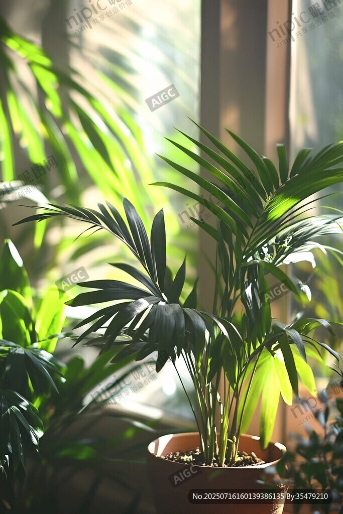 陽光下的袖珍椰子盆栽