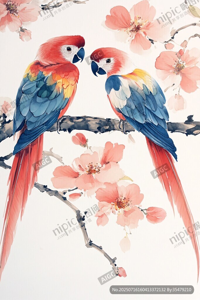雙鸚鵡棲于繁花枝頭