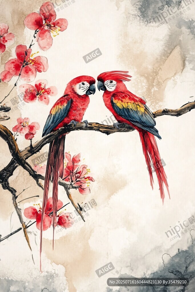 雙鸚鵡棲于繁花枝頭
