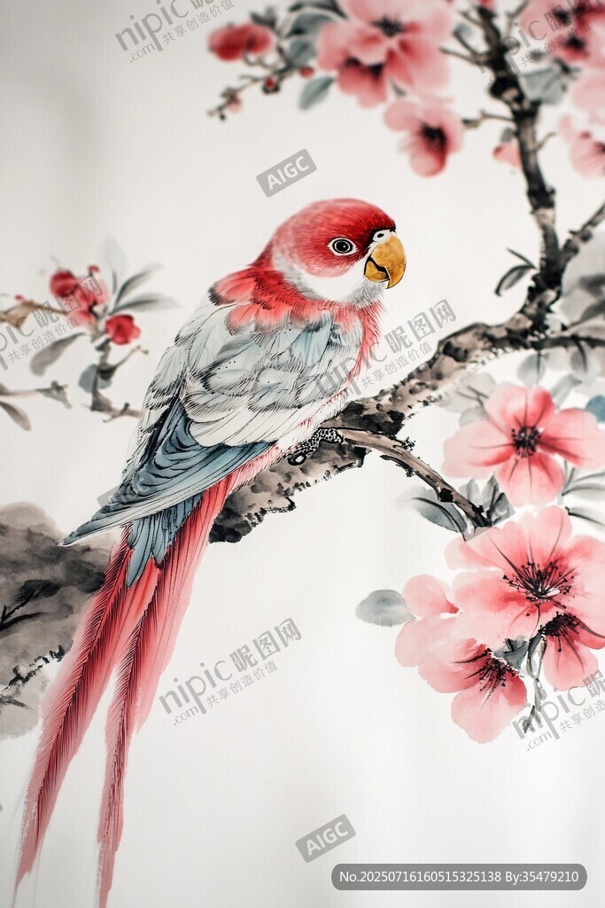 枝頭艷羽鸚鵡繪桃花