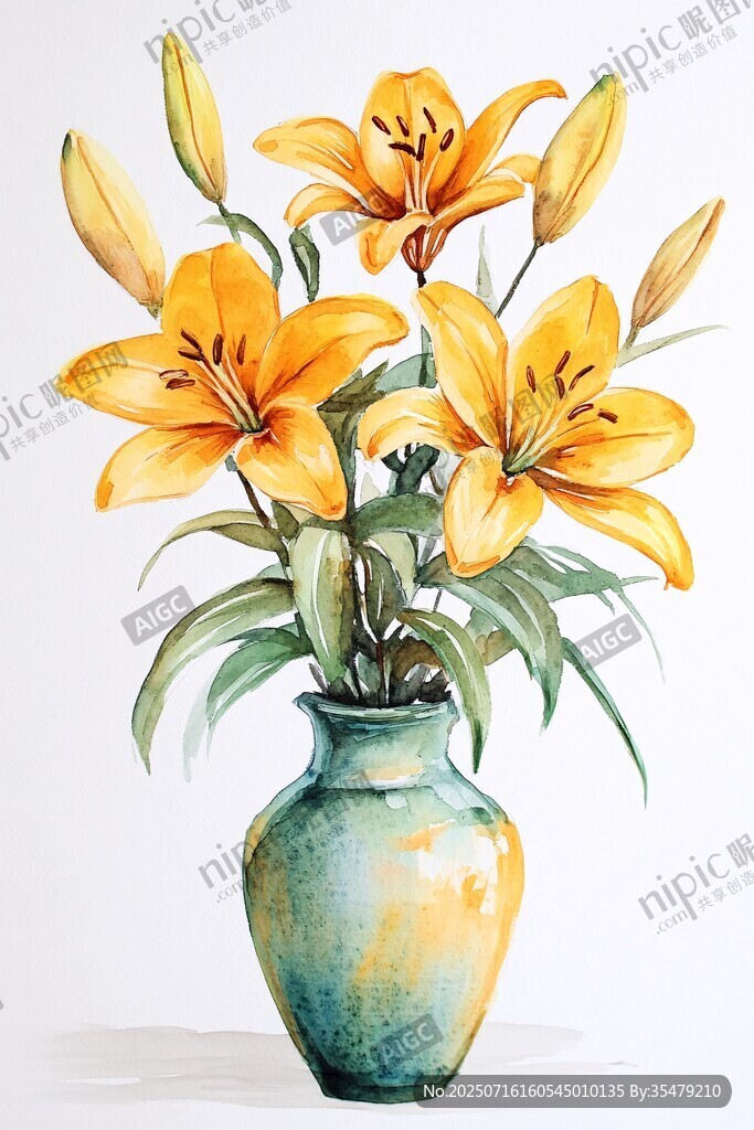 花瓶中的黃色水彩百合花