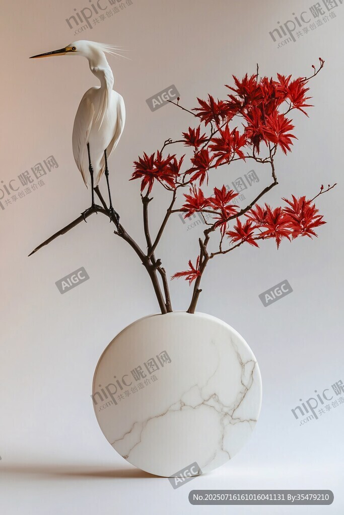 白鷺紅葉插瓶中式雅致景