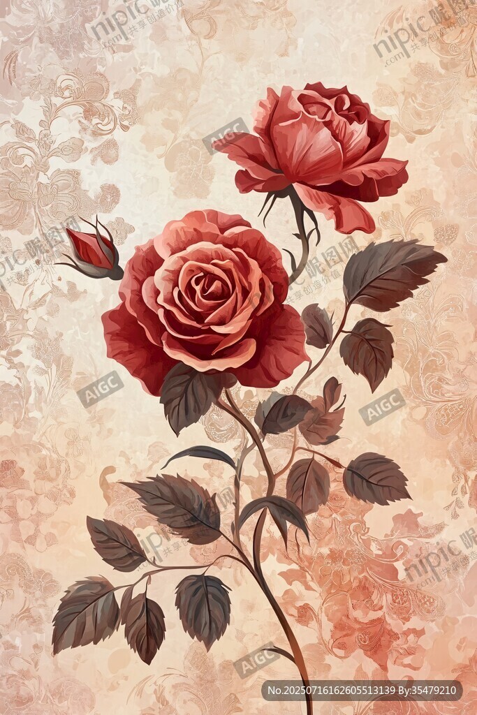 復(fù)古風(fēng)紅玫瑰花卉插畫(huà)
