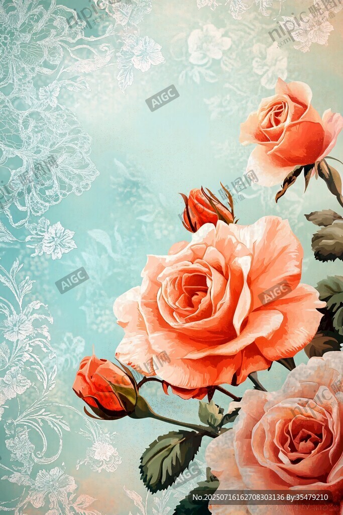 復古風橙色玫瑰花卉圖
