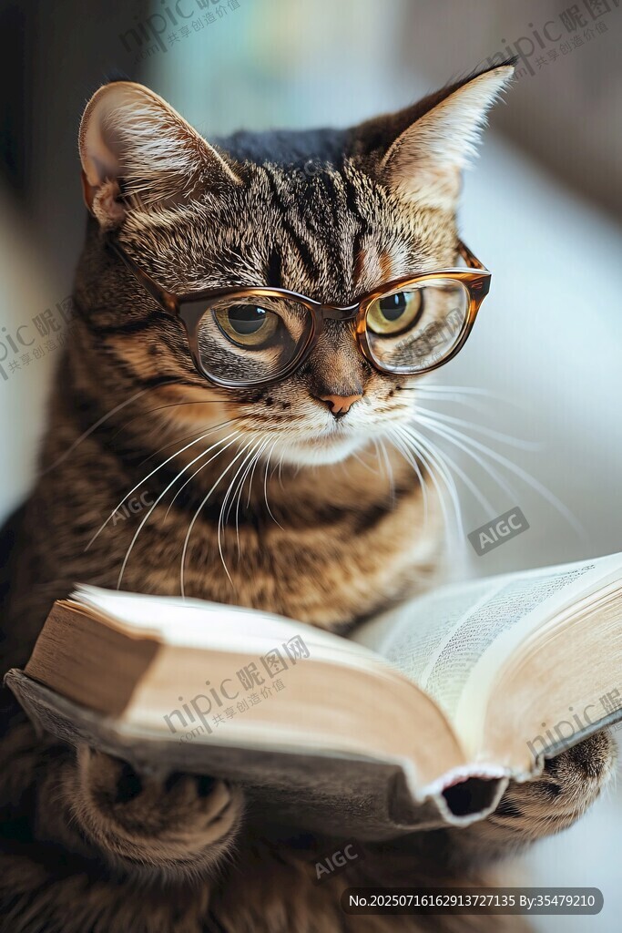 貓咪戴眼鏡專注看書