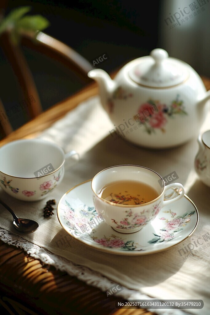 精致花卉茶具與杯中香茗