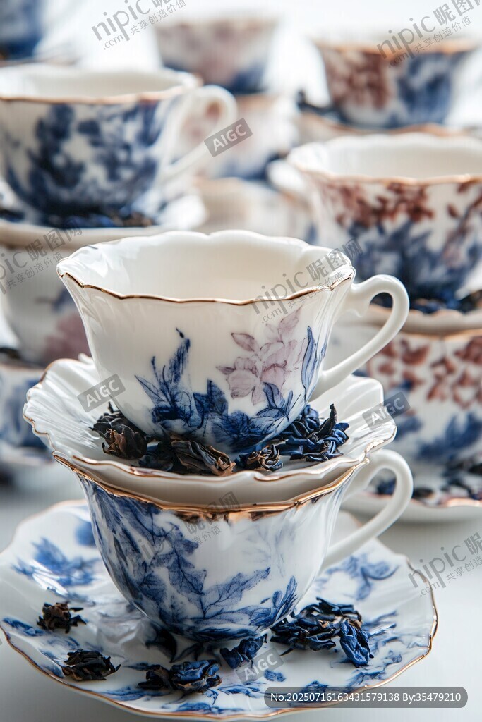 精美藍(lán)白花紋茶杯與茶碟
