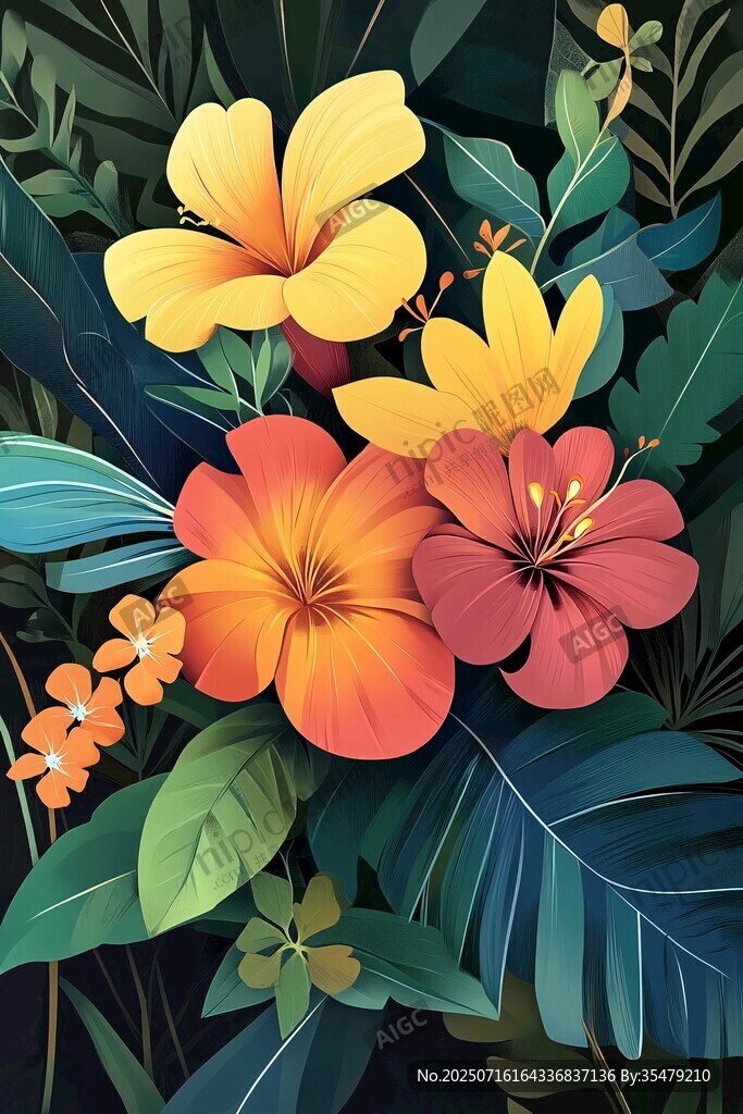 熱帶花卉插畫 絢麗多彩