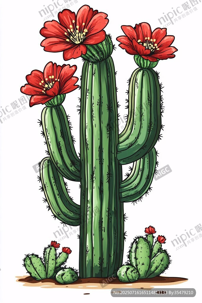 開花的高大仙人掌插畫