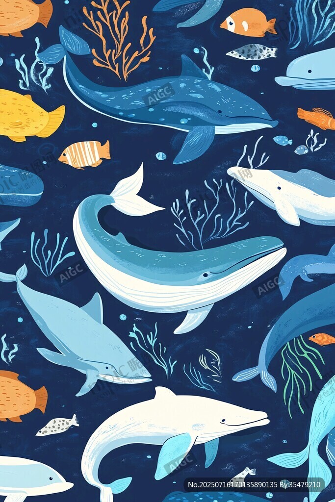 海洋動物的夢幻卡通圖案