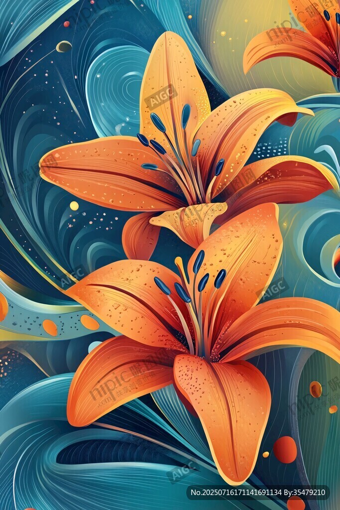 夢幻橙色百合花插畫