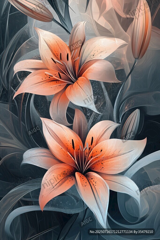 夢幻橙色百合花插畫