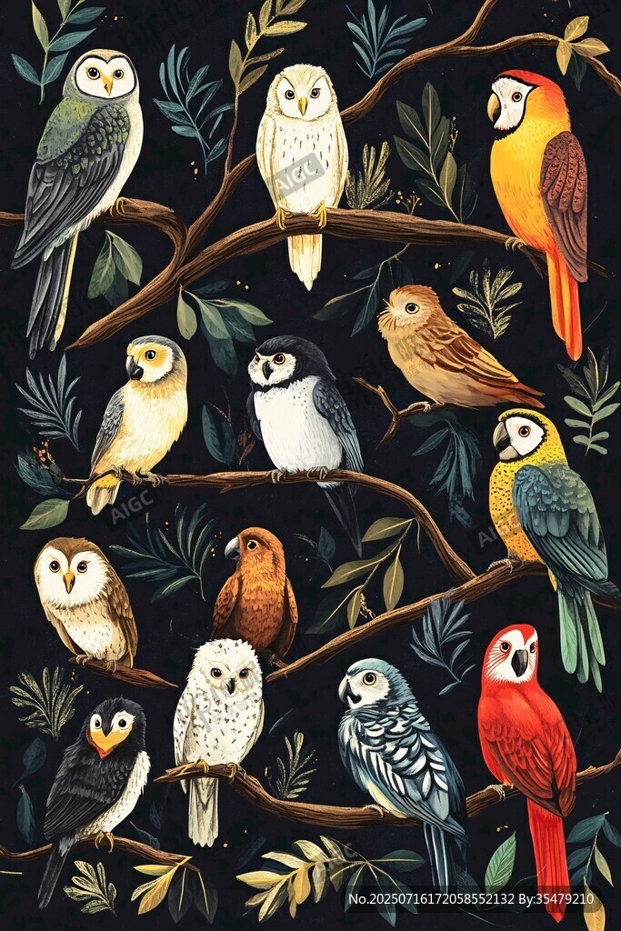 枝頭群鳥的奇幻插畫世界