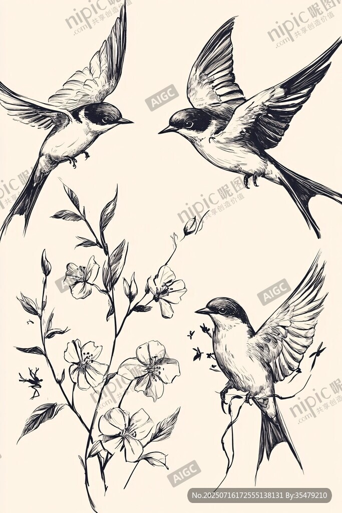 燕子與花枝的優(yōu)雅插畫