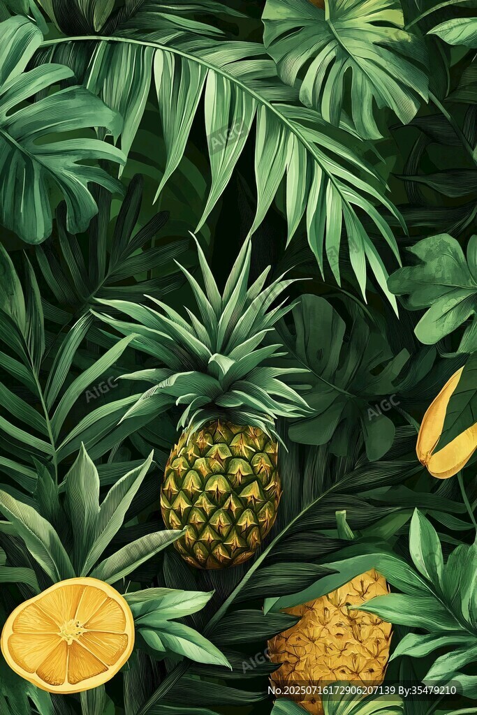 熱帶水果與繁茂綠植圖景