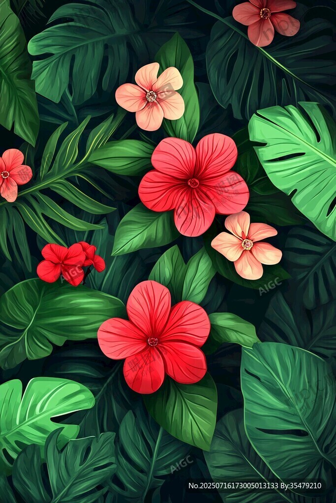 熱帶花卉與綠葉精美插畫