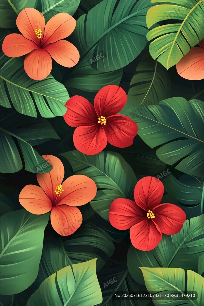熱帶花卉與綠葉的絢麗圖案