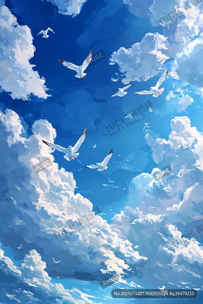 藍天翱翔的海鷗與云朵